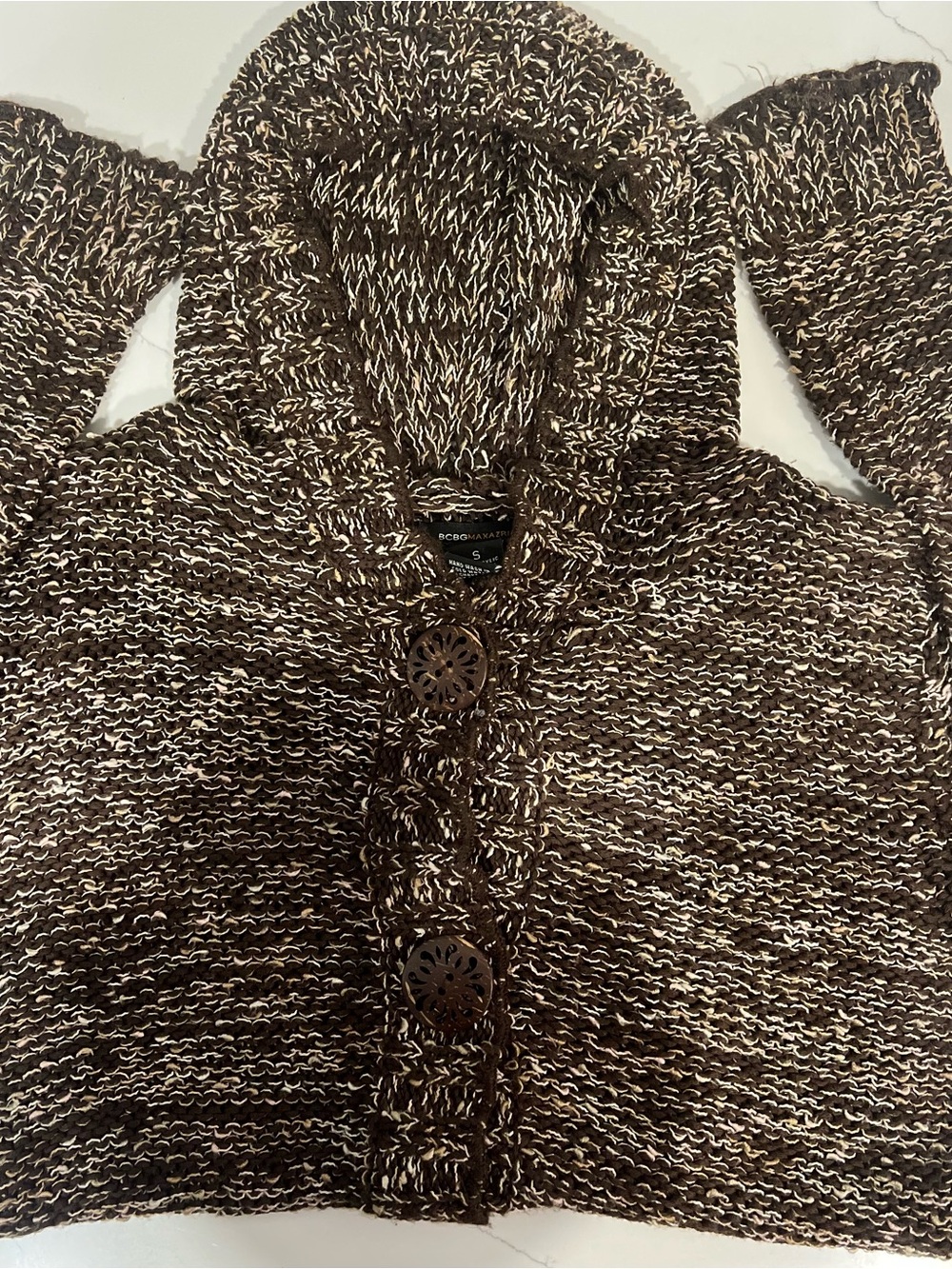 BCBGMaxAzria Brown and Cream Marled Hooded Cardigan